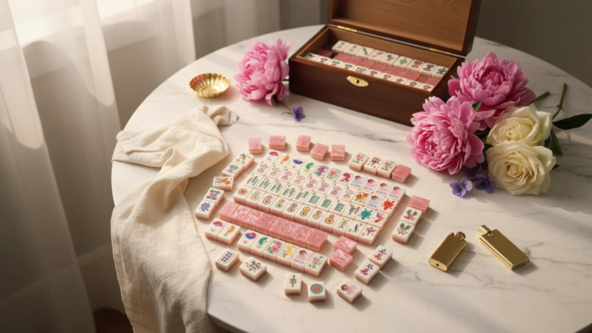 ALOXOO Luxury Mahjong Set on a Marble Table with Peonies